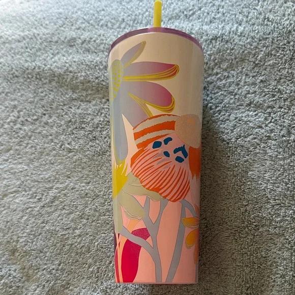 New Starbucks Pink Floral Ombre Tumbler with Yellow Straw and Orange Accents - Picture 2 of 5